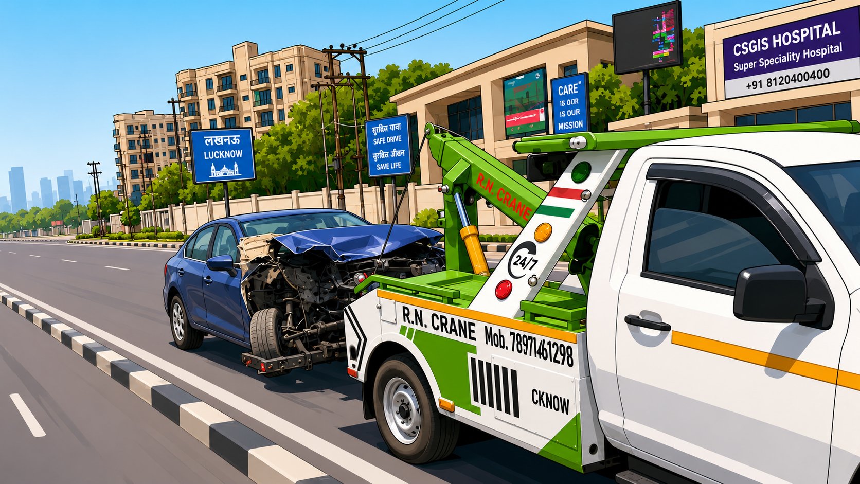 R.N. Crane Service tow truck in Lucknow